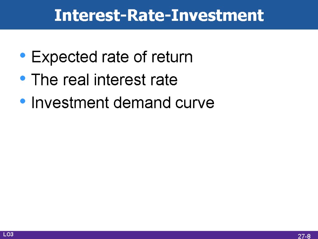 Interest-Rate-Investment Expected rate of return The real interest rate Investment demand curve LO3 27-8